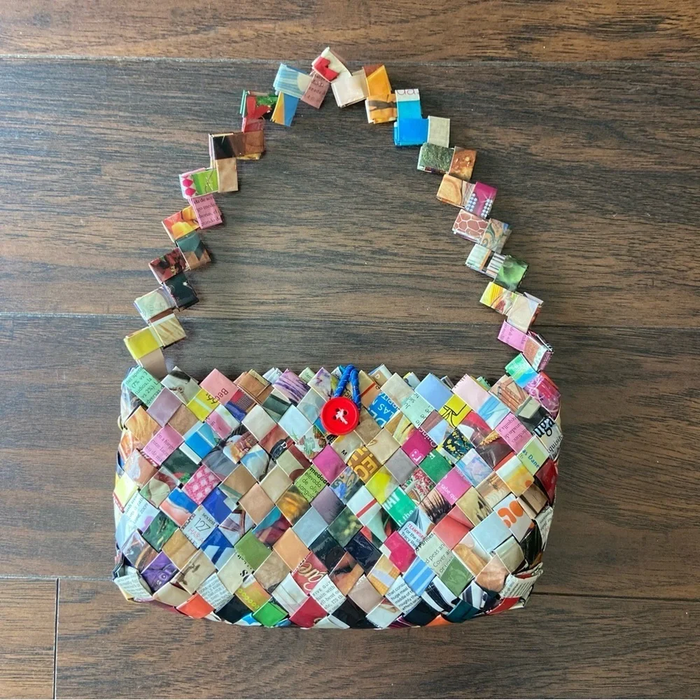 Two Recycled Colorful Woven Wrapper Bags- One Big & One Small Handbag - Picture 13 of 16